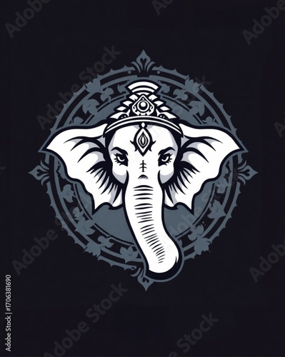 T shirt design vector art of stylized graphic illustration of lord ganeshas face in monochrome, set against a dark background