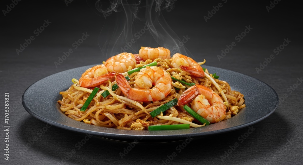 Fototapeta premium Hot Steaming Pad See Ew with Shrimp. Traditional Thai Stir-fried Rice Noodles with Prawns, Green Onions, and Bean Sprouts on a Dark Plate