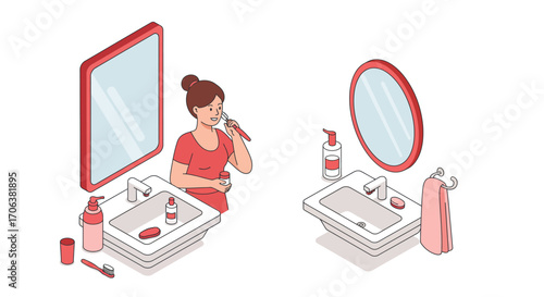 Isometric morning routine: woman brushing teeth in modern bathroom setting