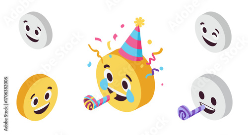 Isometric celebration emojis with party hats and confetti