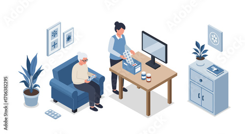 Elderly care isometric scene with home medicine management and assistance