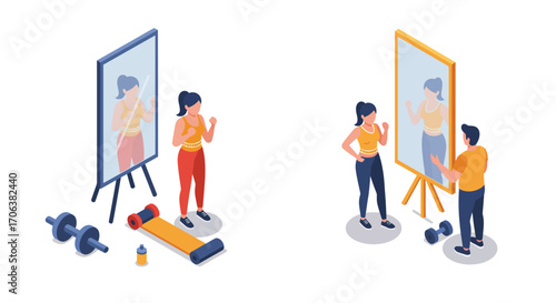 Isometric gym scene with woman exercising and man interacting in front of mir…
