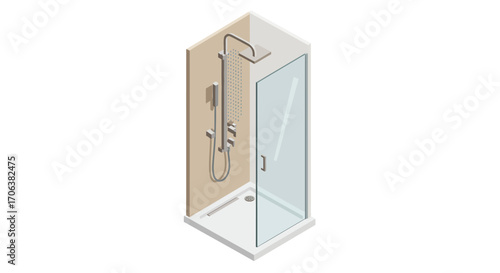 Modern isometric glass shower cubicle with fixtures in bathroom design