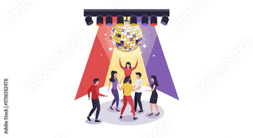 Colorful party scene with dancing people and disco ball in isometric style