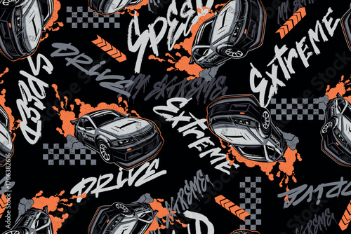 Seamless pattern with drift cars, graffiti words SPEED, DRIVE, EXTREME, checkered racing flags, orange paint splashes, dynamic automotive streetwear design for boys, motorsport style print.