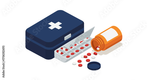 Isometric medical supplies: pill organizer and medicine box concept