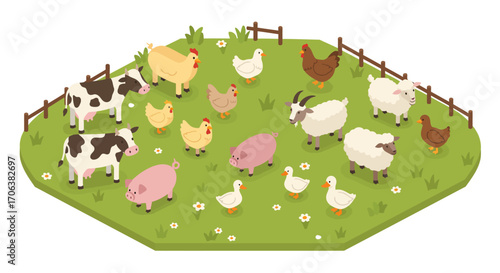 Colorful isometric farm scene with diverse animals and lush pasture