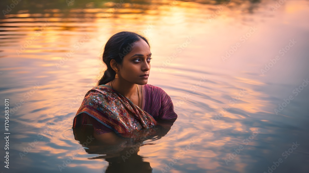Fototapeta premium South Asian woman in sari reflecting on calm water at sunset