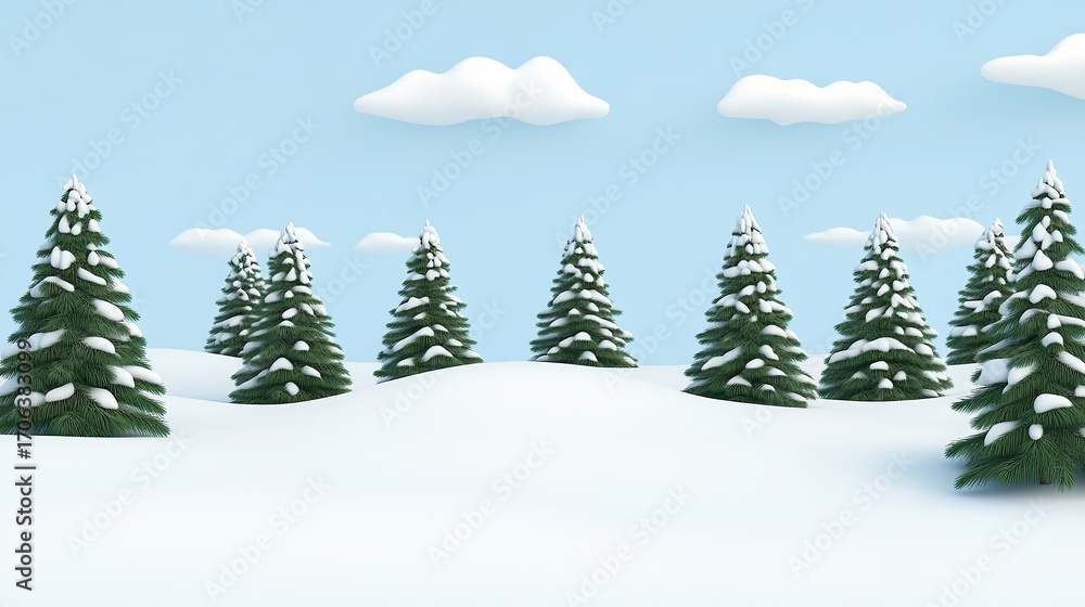 Fototapeta premium A serene winter landscape featuring snow-covered evergreen trees against a clear blue sky, perfect for seasonal themes, holiday promotions, and outdoor adventure marketing,