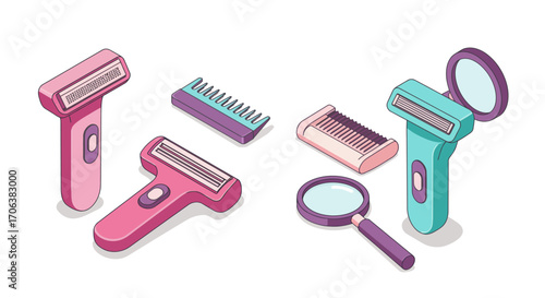Isometric modern grooming tools set with hair trimmers and accessories