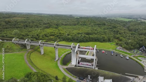 Falkirk Wheel from a drone, Forth and Clyde Canal, Falkirk, Scotland, UK