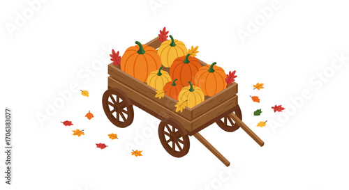 Rustic autumn wagon filled with pumpkins and colorful leaves