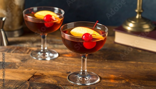 Two cocktails garnished with cherries and fruit slices