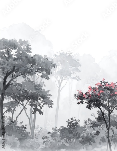 Misty forest scene with muted colors