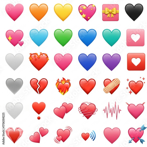 Collection of colorful heart emojis expressing love and affection in various forms