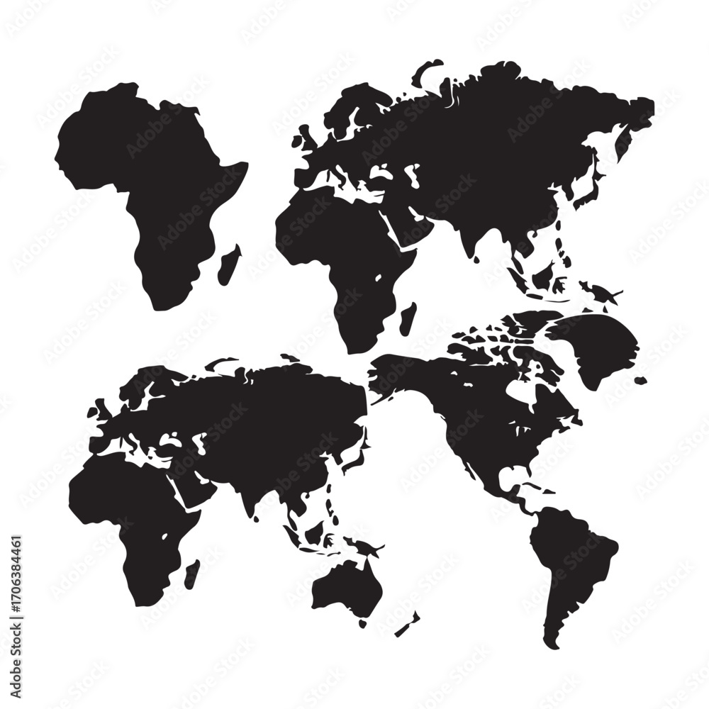 Fototapeta premium Dual World Map Silhouette Vector, Black Continental Outlines for Modern Design & Infographics