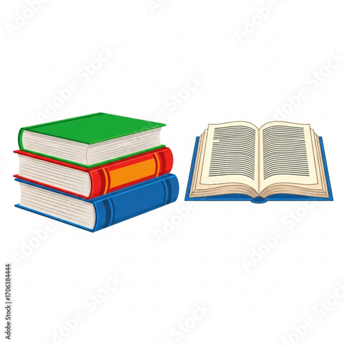 Stack of colorful books with an open book lying next to it on a white background