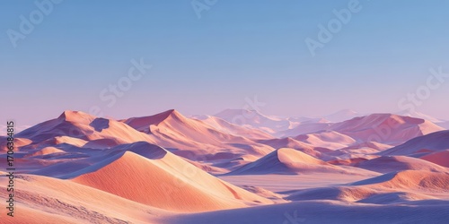 Pastel Pink, Orange, and Purple Desert Dunes Landscape Under Clear Blue Sky