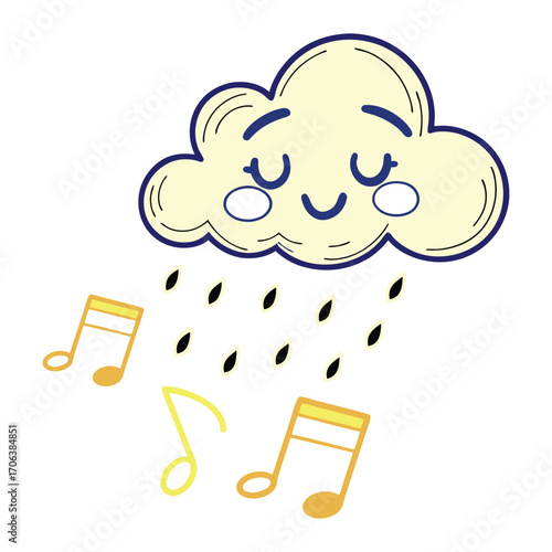 Cute kawaii cloud raining musical notes cheerful weather element art