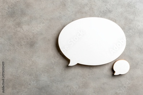 Two speech bubbles in white against a textured gray background, symbolizing communication and dialogue.