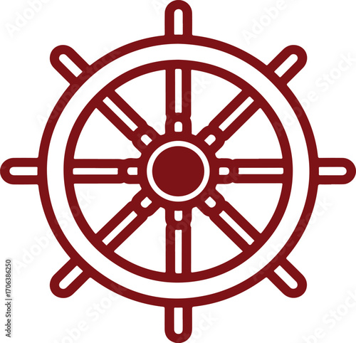 Classic maroon ship s wheel with eight spokes and central hub on a white background