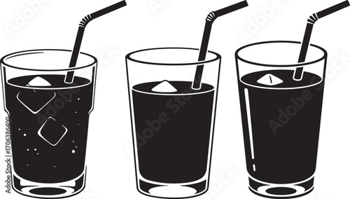 Three tall glasses of dark soda with ice and straws silhouette