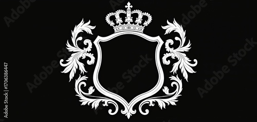 Heraldic family crest features black shield with ornate white flourishes, regal crown. Illustration, vintage design elements like banner, signs, decorative floral patterns. Emblem of nobility,
