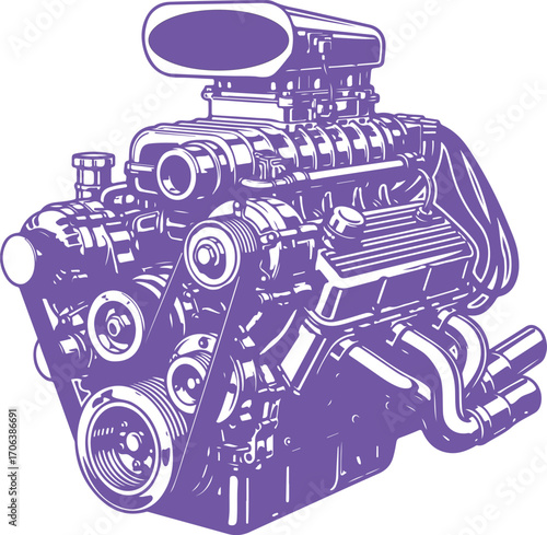 Powerful v8 engine with supercharger and exhaust headers a classic hot rod component