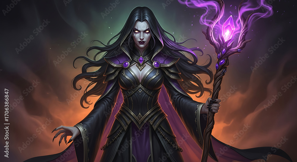 Fototapeta premium Dark fantasy sorceress holding magical purple staff, evil witch character design