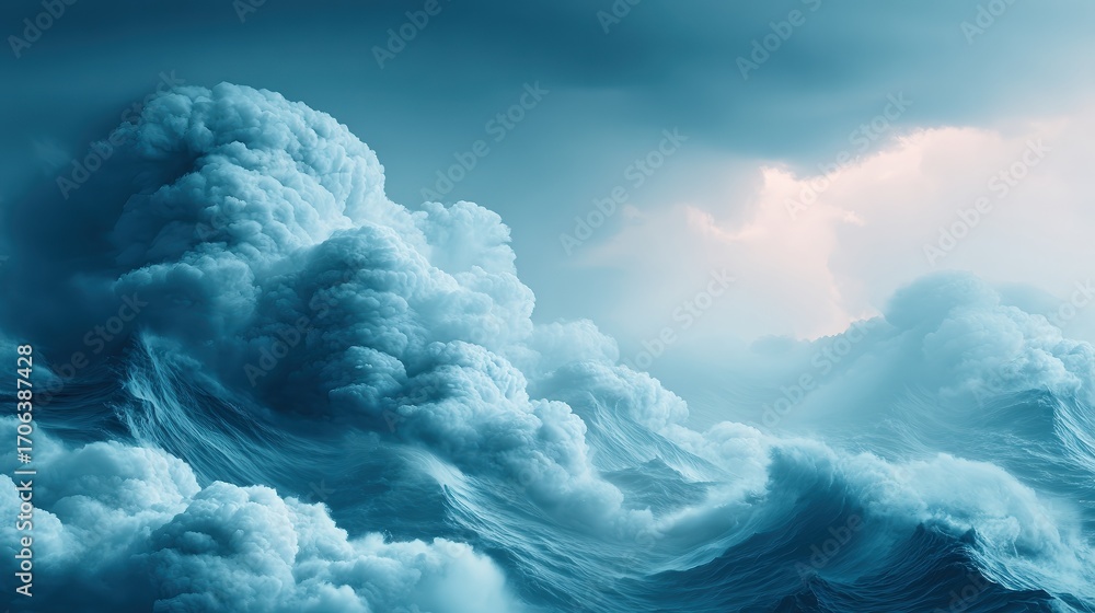 Naklejka premium A serene ocean scene featuring dramatic waves and clouds against a soft blue background, Ideal for use in nature-themed projects, water sports promotions, or calming décor,