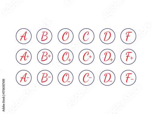 Academic grading symbols A B C D F plus minus for educational success and evaluation concepts