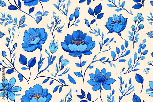 Seamless pattern of blue watercolor flowers and leaves on a cream background
