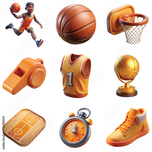 3d basketball icons collection, including ball, hoop, jersey and trophy, sporty set, sports app ui icons isolated on transparent background