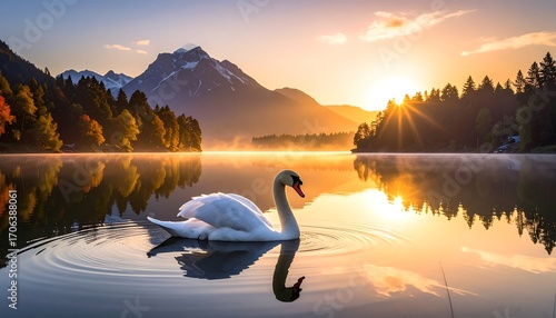 Fototapeta Naklejka Na Ścianę i Meble -  Majestic swan on serene lake at sunrise