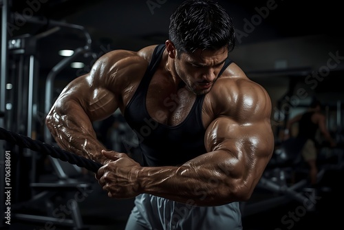 Young male athlete bodybuilder posing and doing sports exercises in the gym