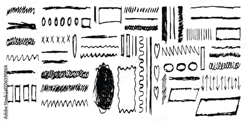 Collection of hand drawn grunge brushes and doodles for creative design projects isolated on white background