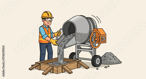 Skilled construction worker in safety gear pouring fresh concrete from a portable mixer to create a solid foundation for a new building project