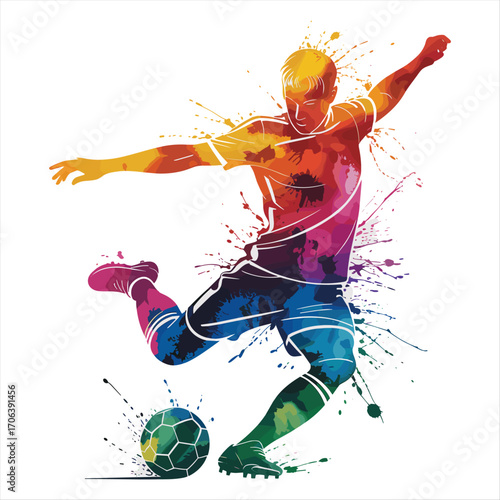 Dynamic soccer player kicking ball splash art vibrant colors energetic action illustration