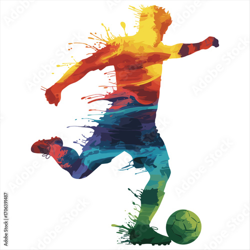 Dynamic abstract soccer player kicking ball splash effect colorful energetic sports art illustration