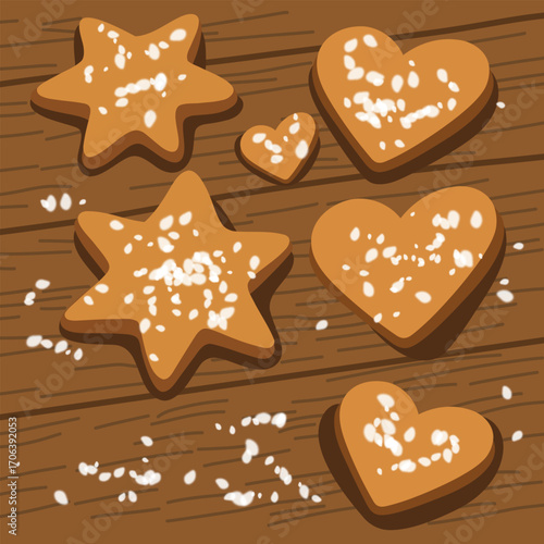 Gingerbread cookies with stars and hearts on rustic wooden table, holiday baking nostalgia.