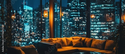 Night city view from modern living room with sectional sofa
