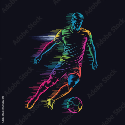 Dynamic soccer player kicking ball with vibrant colorful streaks motion blur effect illustration