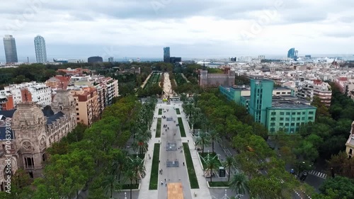 Stunning Aerial View of an Urban Park in Barcelona featuring Lush Greenery