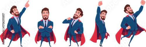 Business superhero character, confident man in suit, red cape, cartoon illustration, leadership, motivation, vector pose, success, power, action