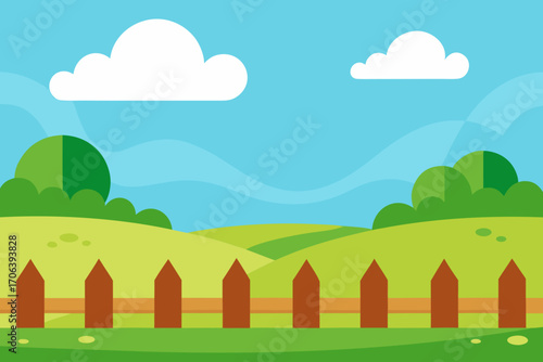 A cartoon grassy meadow with a fence vector illustration