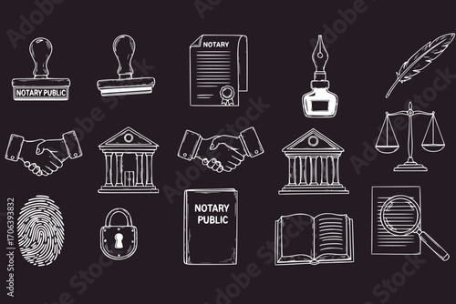 Notary Service Doodle Set – Hand-Drawn Vector Illustrations of Legal Documents, Stamps, Signatures, Pens, and Notary Tools, Business and Office Concept Icons, Isolated Objects on White Background