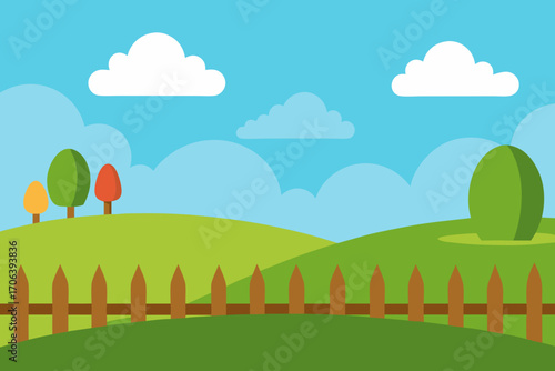 A simple cartoon illustration of a grassy meadow with a fence vector illustration