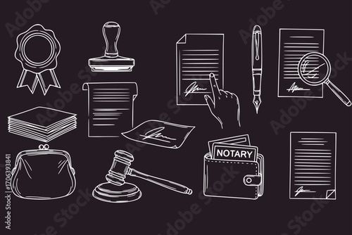 Notary Service Doodle Set – Hand-Drawn Vector Illustrations of Legal Documents, Stamps, Signatures, Pens, and Notary Tools, Business and Office Concept Icons, Isolated Objects on White Background