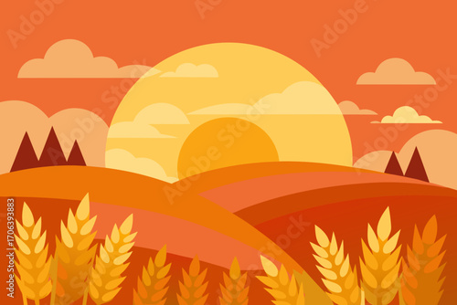 A simple cartoon illustration of a golden sunset over a wheat field vector illustration