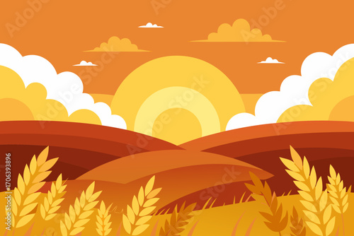 A cartoon golden sunset over a wheat field vector illustration